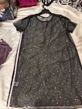 SHEIN Black Sheer Mesh Dress with Gold Star Accents